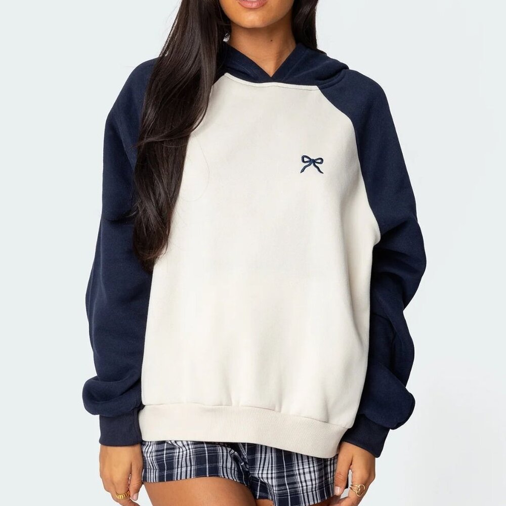 NWT Edikted Raglan Bow Oversized Hoodie Size Small in Navy and Cream